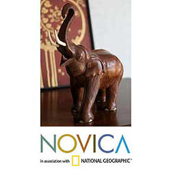 Joy Handcrafted Brown Rain Wood Elephant Figurine with Raised Trunk Decor Accent Collectible Artwork Sculpture (Thailand)