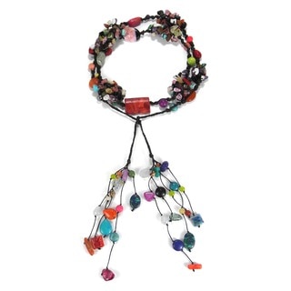 Cotton Rope Multicolor Gemstone Long Cluster Necklace (Thailand)