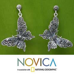 Sterling Silver Marcasite 'Butterfly Realm' Dangle Earrings (Thailand)