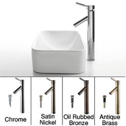KRAUS Soft Rectangular Ceramic Vessel Sink in White with Sheven Faucet in Satin Nickel