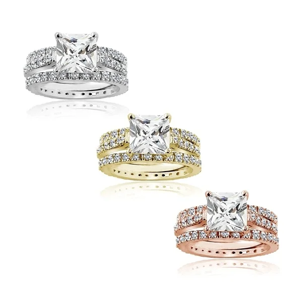 Icz Stonez Sterling Silver Cubic Zirconia Princess-Cut Bridal Ring Set