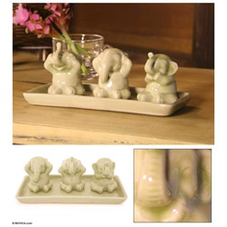 Set of 3 Celadon Ceramic 'Elephant Life Lessons' Figurines , Handmade in Thailand