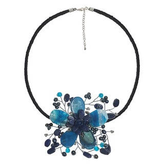 Blue Agate and Pearl Star Flower Necklace (3-5 mm) (Thailand)