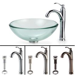 KRAUS 19 mm Thick Glass Vessel Sink with Single Hole Single-Handle Riviera Faucet in Satin Nickel