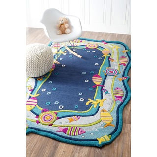 nuLOOM Hand-carved Kids Aqua Fish and Bubbles Blue Wool Rug (3'6 x 5'6)