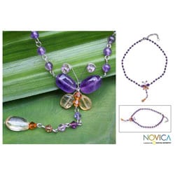 Stainless Steel 'Butterfly' Amethyst Citrine Necklace (Thailand)