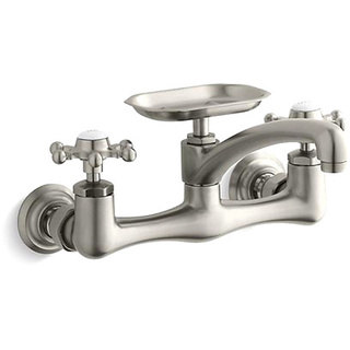 Kohler K-149-3-BN Vibrant Brushed Nickel Antique Wall-Mount Sink Faucet With Six-Prong Handles And 8" Swing Spout