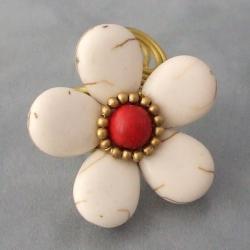 Brass Large White Turquoise/ Red Coral Flower Wrap Ring (Thailand)