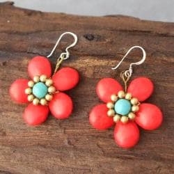 Brass/ Silver Red Coral/ Turquoise Flower Earrings (Thailand)