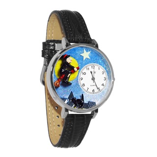 Whimsical Women's Halloween Flying Witch Theme Stainless-Steel Black Leather Watch