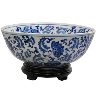 Porcelain 14-inch Blue and White Floral Bowl (China)