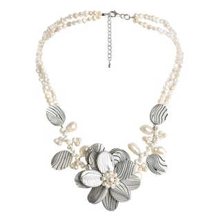 Silver Triple Zebra Flower Shell/ Pearl Necklace (6-15 mm) (Thailand)