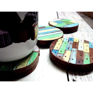 Handmade Set of 4 Recycled Wood Beach Hut Coasters (Thailand)