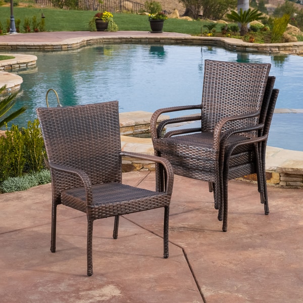 slide 2 of 21, Benhill Outdoor Contemporary Wicker Stacking Chairs (Set of 4) by Christopher Knight Home Brown