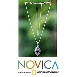 Nest of Lilies Flower Theme Black Onyx and 925 Sterling Silver Womens Long Pendant Necklace (Indonesia)