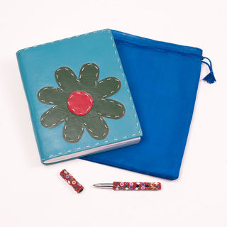 Leather and Recycled Paper Teal Flower Journal (India)