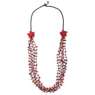 Handmade Cotton Long Double Flowers Red Coral Necklace (Thailand)