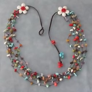 Handmade Cotton Rope Long Double Flowers Multi-gemstone Necklace (Thailand)