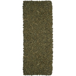 Hand-tied Pelle Green Leather Shag Rug (2'6 x 12')