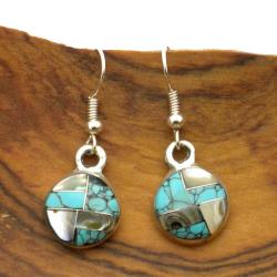 Handmade Alpaca Silver Round Turquoise and Mother of Pearl Earrings (Mexico)