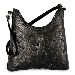 Nocturnal Classic Zipper Closure Inner Pocket Hand Tooled Black Polished Leather Womens Shoulder Bag (Mexico)