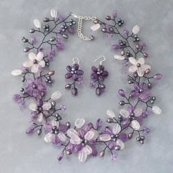 Pearl/ Amethyst/ Clear Quartz Floral Jewelry Set (3-8 mm) (Thailand)
