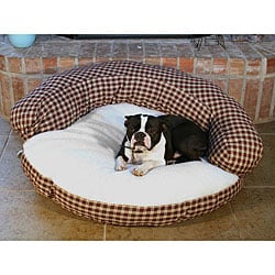 Round 35-inch Red Plaid Sherpa Top Pet Bed