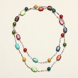Handmade Clay and Glass Multicolor Beaded Long Necklace (India)