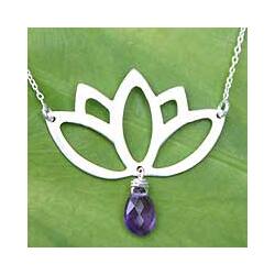 Sterling Silver 'Buddha Lotus' Amethyst Flower Necklace (Thailand)