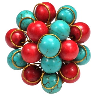 Handmade Brass Reconstructed Turquoise and Red Coral Cluster Ring (Thailand)