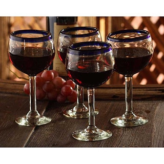 Set of 4 Blown Glass 'Sapphire Globe' Wine Glasses (Mexico)