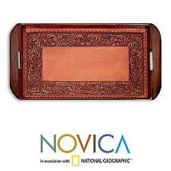 Handcrafted Tooled Leather 'Spanish Ivy' Serving Tray (Peru)