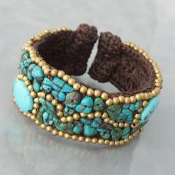Handmade Brass and Cotton Rope Modern Oval Turquoise Cuff Bracelet (Thailand)
