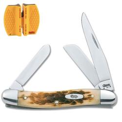 Case Cutlery Amber Bone Medium Stockman Knife and Sharpener