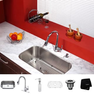 KRAUS 31 1/2 Inch Undermount Single Bowl Stainless Steel Kitchen Sink with Kitchen Faucet and Soap Dispenser