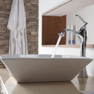 KRAUS Flat Square Ceramic Vessel Sink in White with Ventus Faucet in Chrome