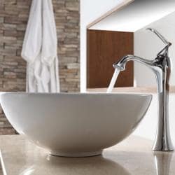 KRAUS Soft Round Ceramic Vessel Sink in White with Ventus Faucet in Chrome