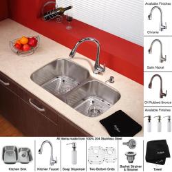 KRAUS 32 Inch Undermount Double Bowl Stainless Steel Kitchen Sink with Kitchen Faucet and Soap Dispenser in Satin Nickel