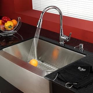 KRAUS 30 Inch Farmhouse Single Bowl Stainless Steel Kitchen Sink with Kitchen Faucet and Soap Dispenser