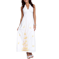 Women's White Batik Bamboo Halter Maxi Dress (Indonesia)