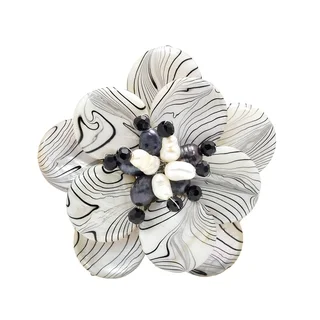 Handmade Zebra Stripe Natural Mother of Pearl and Pearl Floral Brooch (4-10 mm)(Thailand)