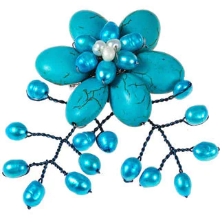 Steel Turquoise and Pearl Floral Drape Brooch (4-8 mm)(Thailand)