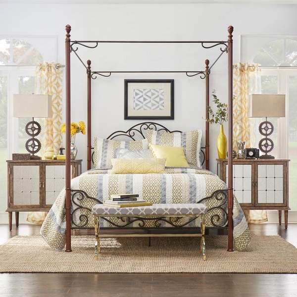 LeAnn Graceful Scroll Iron Metal Queen Canopy Poster Bed by TRIBECCA HOME
