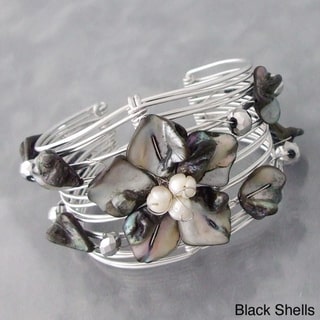 Silvertone Seashell and Pearl Floral Cuff Bracelet