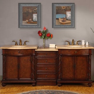 Silkroad Exclusive 84-inch Travertine Double Vanity with LED Lighted Cabinet