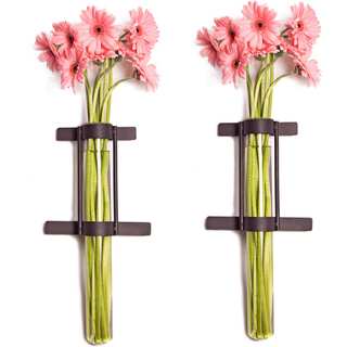 Wall Mount Cylinder Glass Vases with Rustic Rings Metal Stand (Set of 2)
