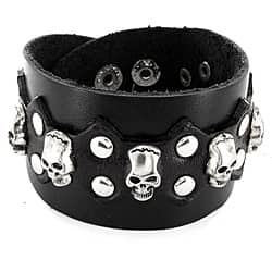 Black Leather Riveted Skull Snap Bracelet