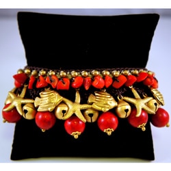 Handmade Red Coral and Brass Bead Bracelet (Thailand)