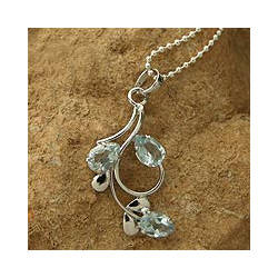 Sterling Silver 'Morning Bloom' Blue Topaz Pendant Necklace (India)