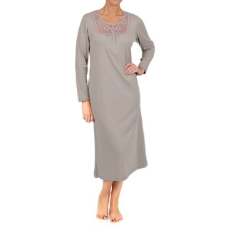 La Cera Women's Long Sleeve Crochet Yoke Nightgown